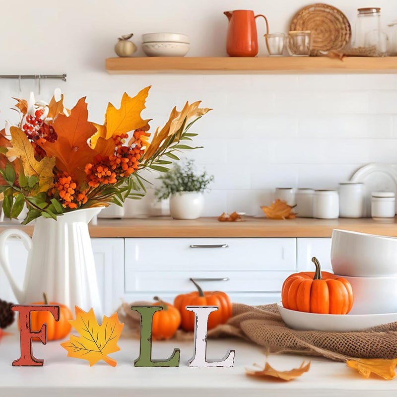 AinDen Fall Thanksgiving Decorations for Home, 4 Pcs Wooden Table Decor, Vintage Farmhouse Autumn Harvest Signs for Mantel, Shelf, Tiered Tray, Kitchen Tabletop, Entryway - Image 5